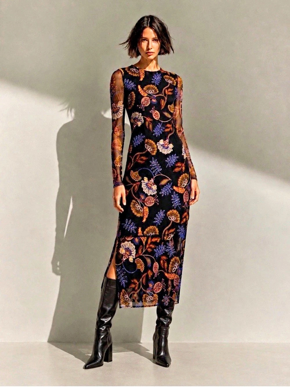 New🌺$225JohnnyWas Tulus Black Mesh Midi Dress Ginnie Floral Print LongSleeve XS